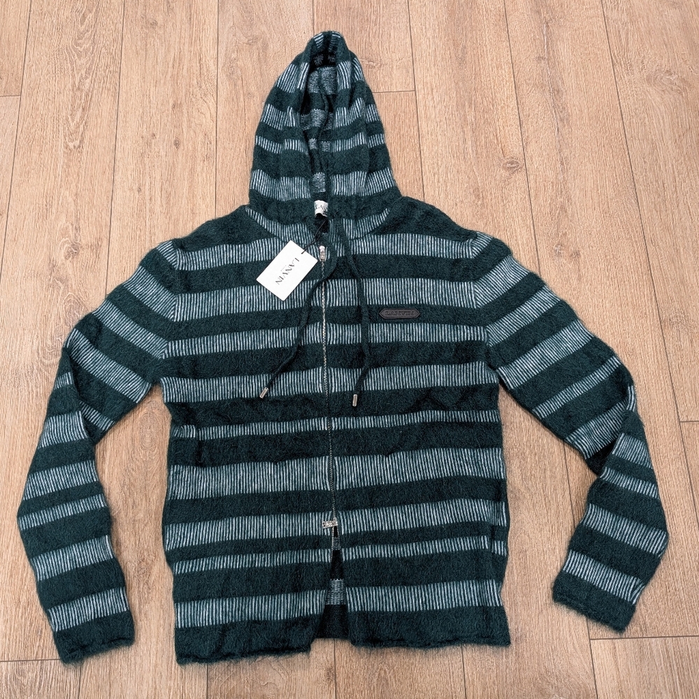$2200 Mens Lanvin Tonal Striped Mohair Blend Sweater Hoodie Green Medium